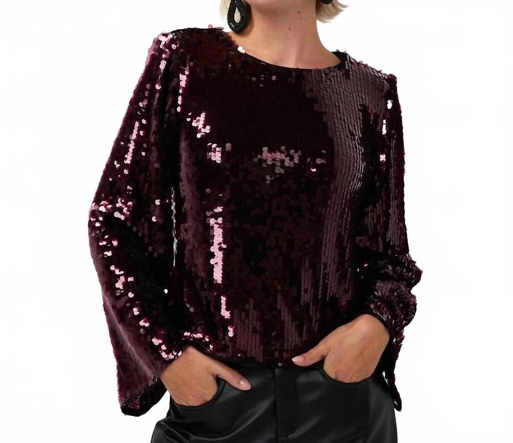 NEW ESQUALO fylla flared sleeve sequin top in maroon